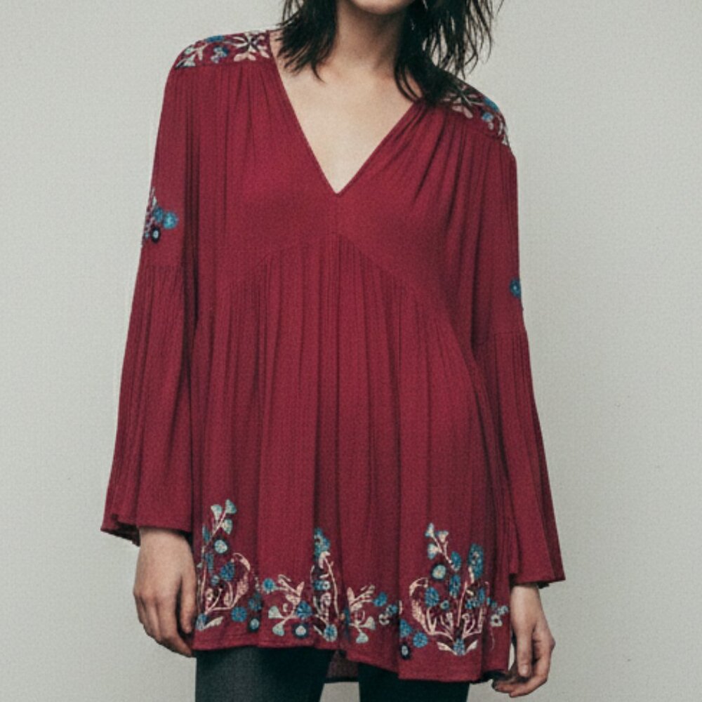 Free People Top Red Embroidered Boho Indie Festival Casual Floral Oversized S